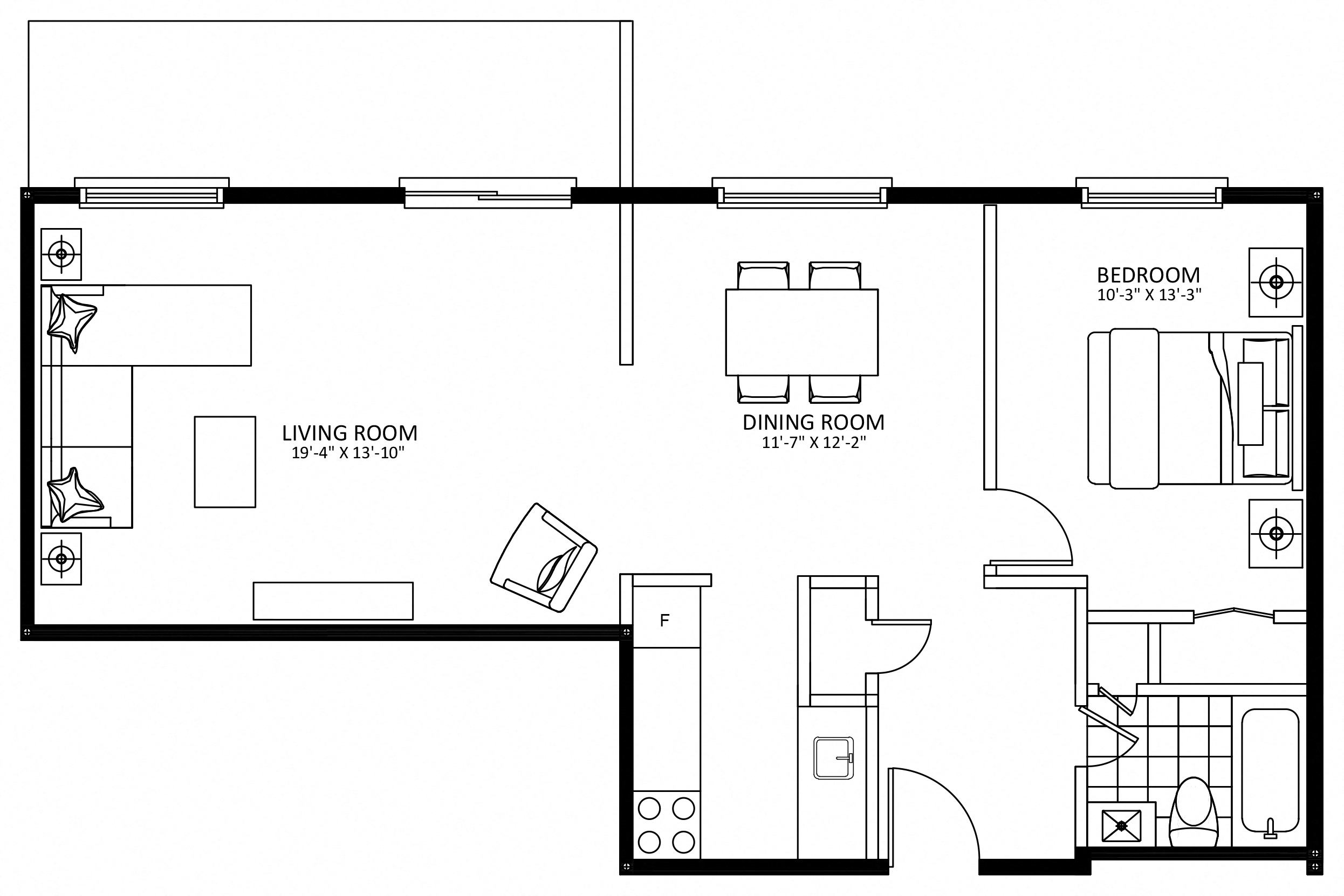 Floor plan for 1 bed, 1 bath, 785 sqft